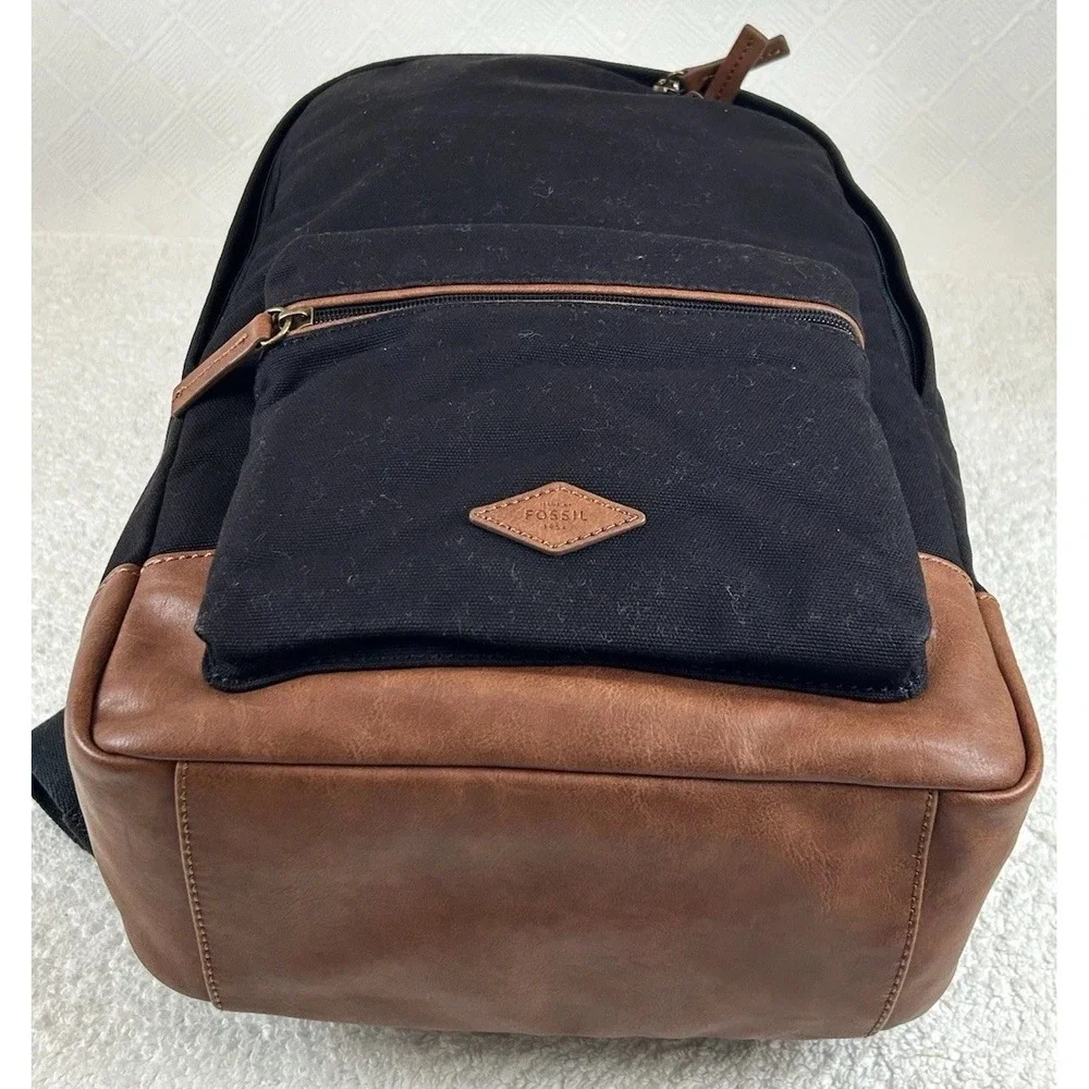 NEW Fossil Black Canvas Backpack w/Brown Trim Adjustable Straps New Old Stock